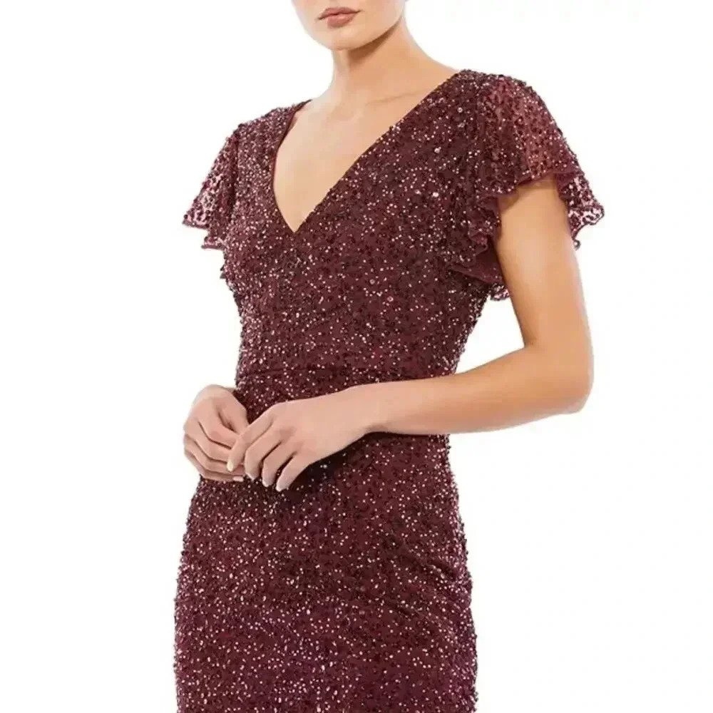 NEW- NWT Mac Duggal SEQUINED V NECK FLUTTER CAP SLEEVE TRUMPET DRESS SZ 0 - Picture 3 of 8
